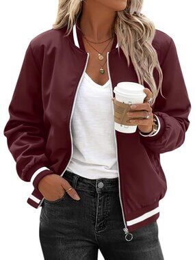 Women's Red Polyester Zip Up Sweatshirt Long Sleeve Fall Casual Bomber Jacket